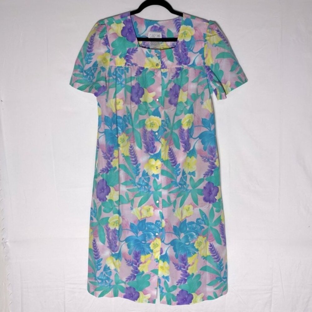 Vintage 90s Charisma Floral Tropical Print Short Sleeve House Dress Nightgown M